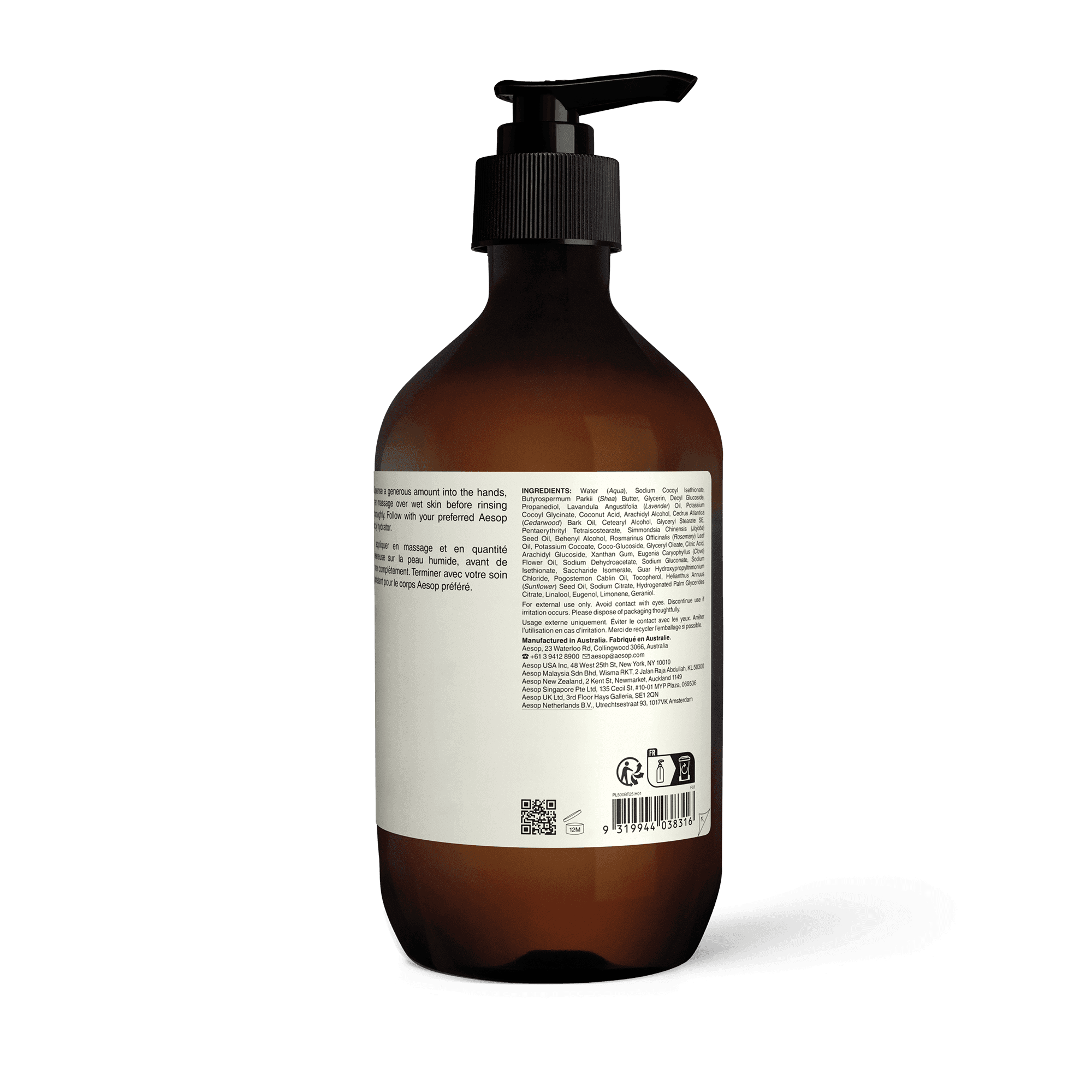 Aesop Eleos Nourishing Body Cleanser bottle, reverse label